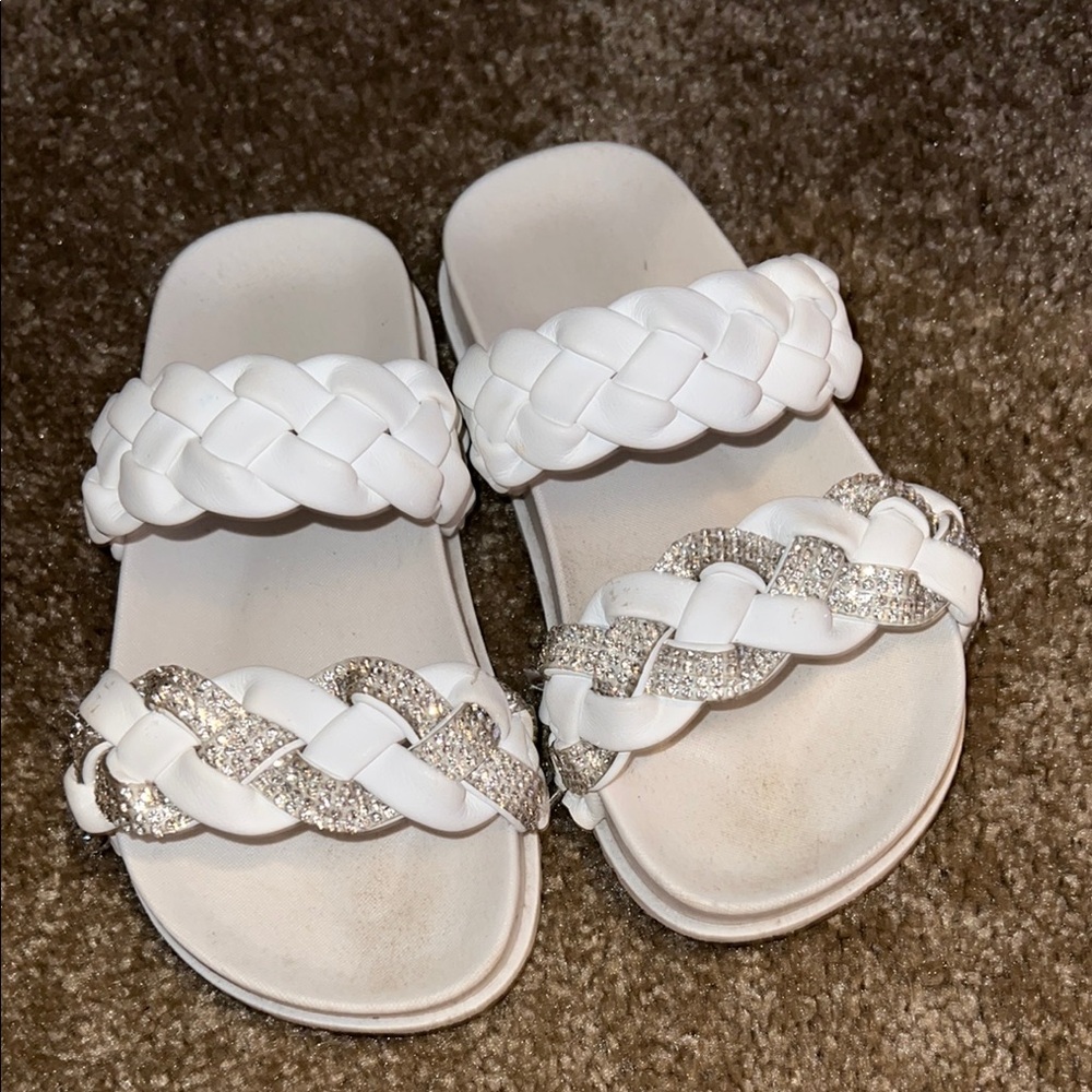 Girl’s White Braided Sandals with Rhinestone Strap